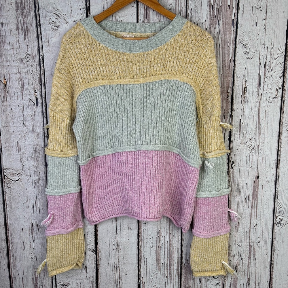 Hem & Thread Patchwork Colorblock Crew Neck Sweater Fringe‎ Details Pastel Large